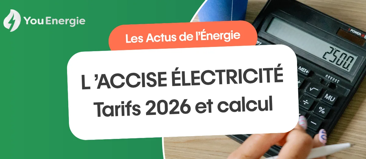Visuel « Les Actus de l'Énergie » de You Energie titré « L'accise électricité : tarifs 2026 et calcul », sur une photo de calculatrice