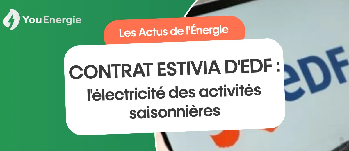 Visuel « Les Actus de l'Énergie » de You Energie titré « Contrat Estivia d'EDF : l'électricité des activités saisonnières », sur une photo d'écran affichant le logo EDF